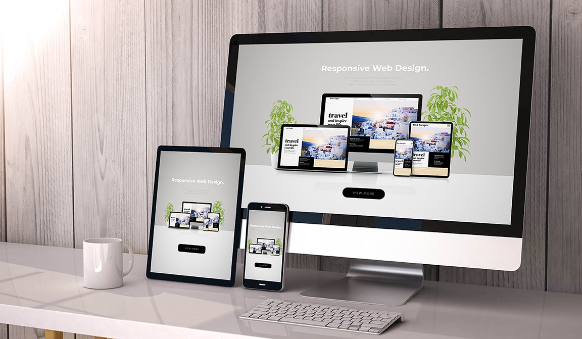iMac, tablet and iPhone showing responsive web design